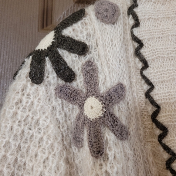 ♥️TallyHo mohair wool blend beige shawl collar crochet patch detail cardigan - Picture 4 of 9